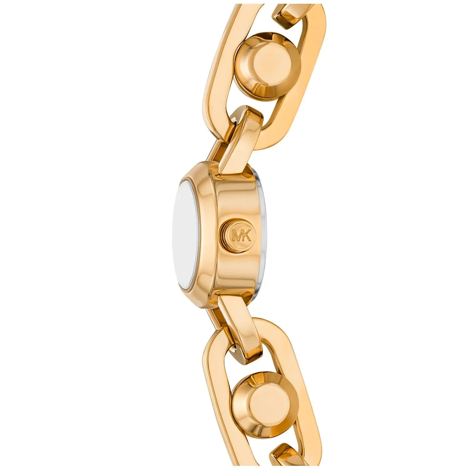 Angled real-life photo of Michael Kors MK4871 showing the polished gold case and chain link detail