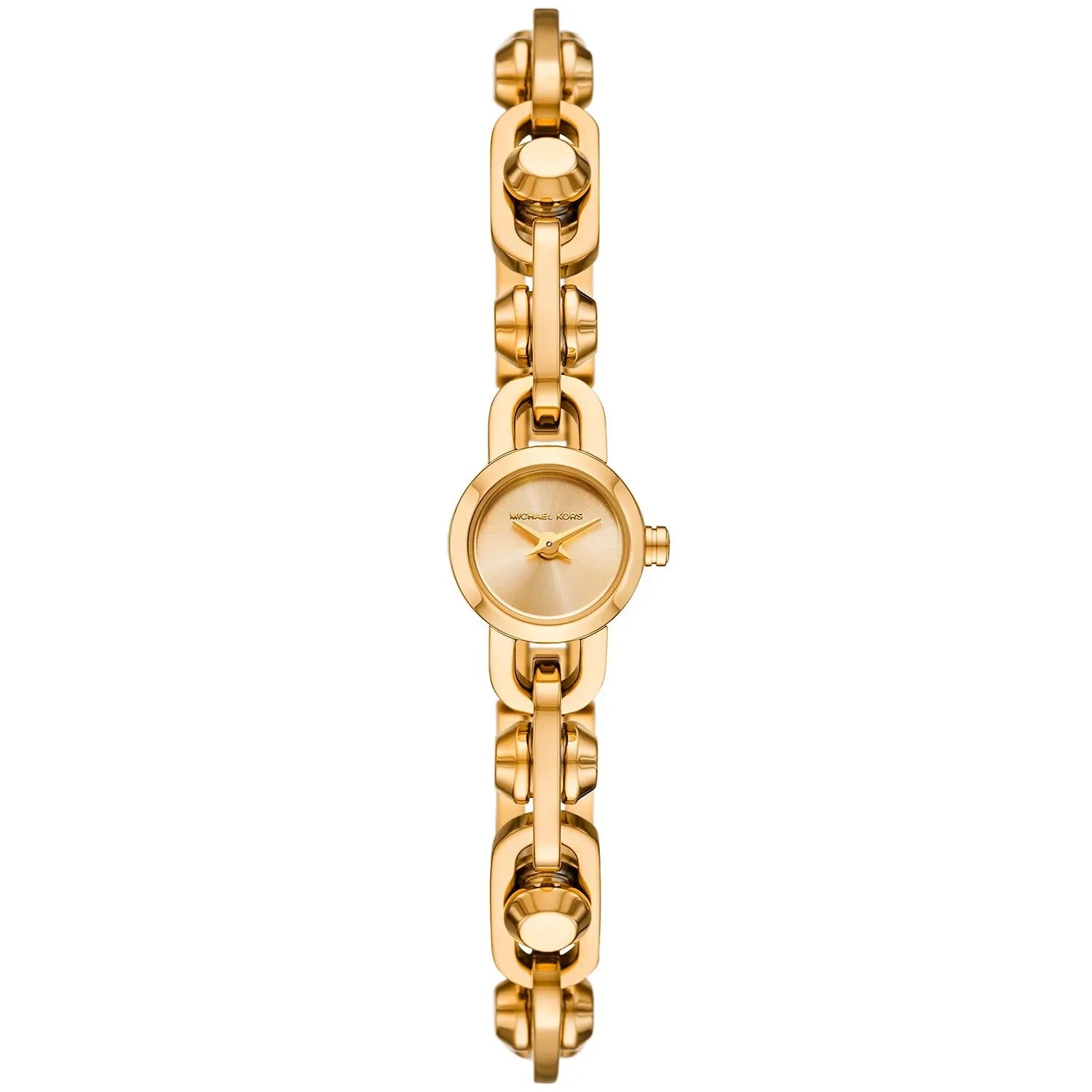 Authentic real-life photo of Michael Kors MK4871 showing gold chain link strap and sunray gold dial