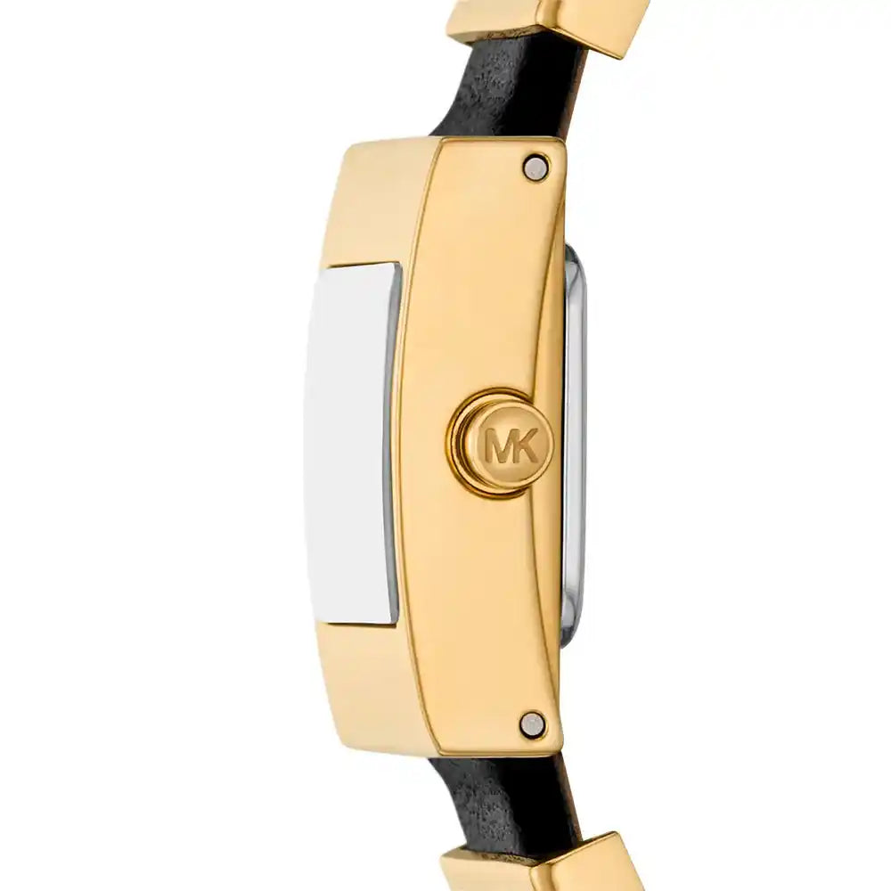 Right side profile view of the slim gold-tone square case on the Michael Kors Darrington watch