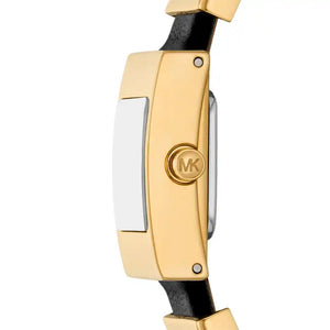 Right side profile view of the slim gold-tone square case on the Michael Kors Darrington watch