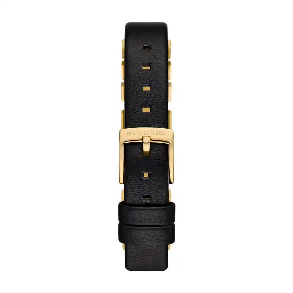 Inside view of the secure buckle and genuine leather branding on Michael Kors Darrington watch
