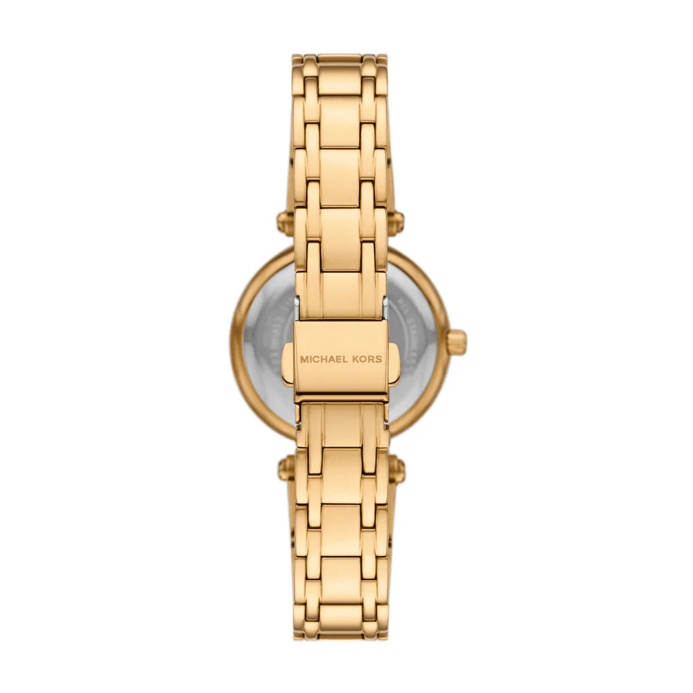 Caseback of Michael Kors Lennox MK4892 women's quartz battery watch showing technical specs green mother of pearl dial and gold metal bracelet