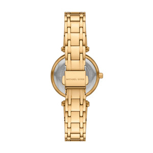 Caseback of Michael Kors Lennox MK4892 women's quartz battery watch showing technical specs green mother of pearl dial and gold metal bracelet