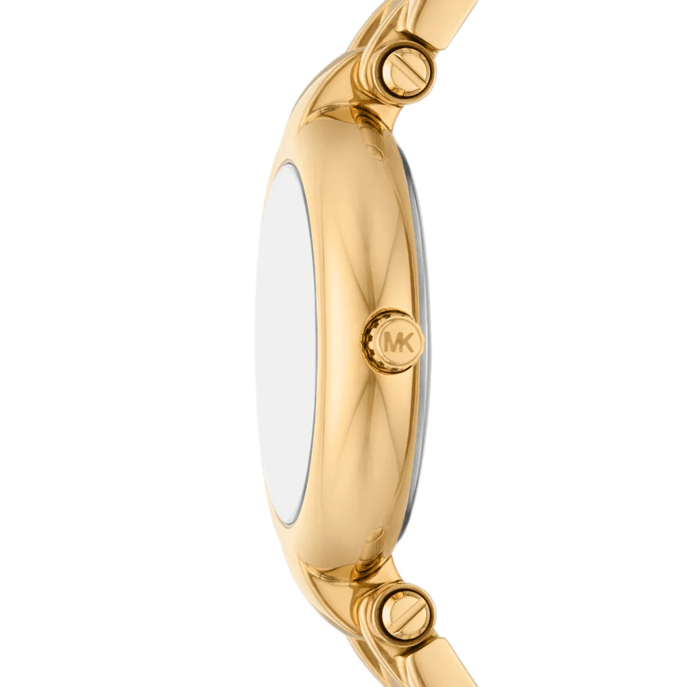 Detailed view of gold-tone crown on Michael Kors Lennox MK4892 women's quartz battery watch with green mother of pearl dial