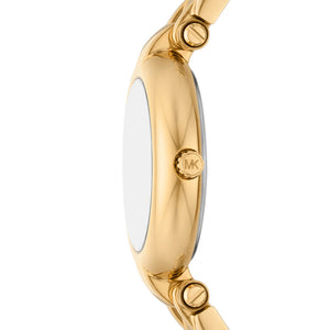 Detailed view of gold-tone crown on Michael Kors Lennox MK4892 women's quartz battery watch with green mother of pearl dial