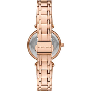 Caseback of Michael Kors Lennox MK4893 showing technical specs mother of pearl dial and rose gold metal bracelet