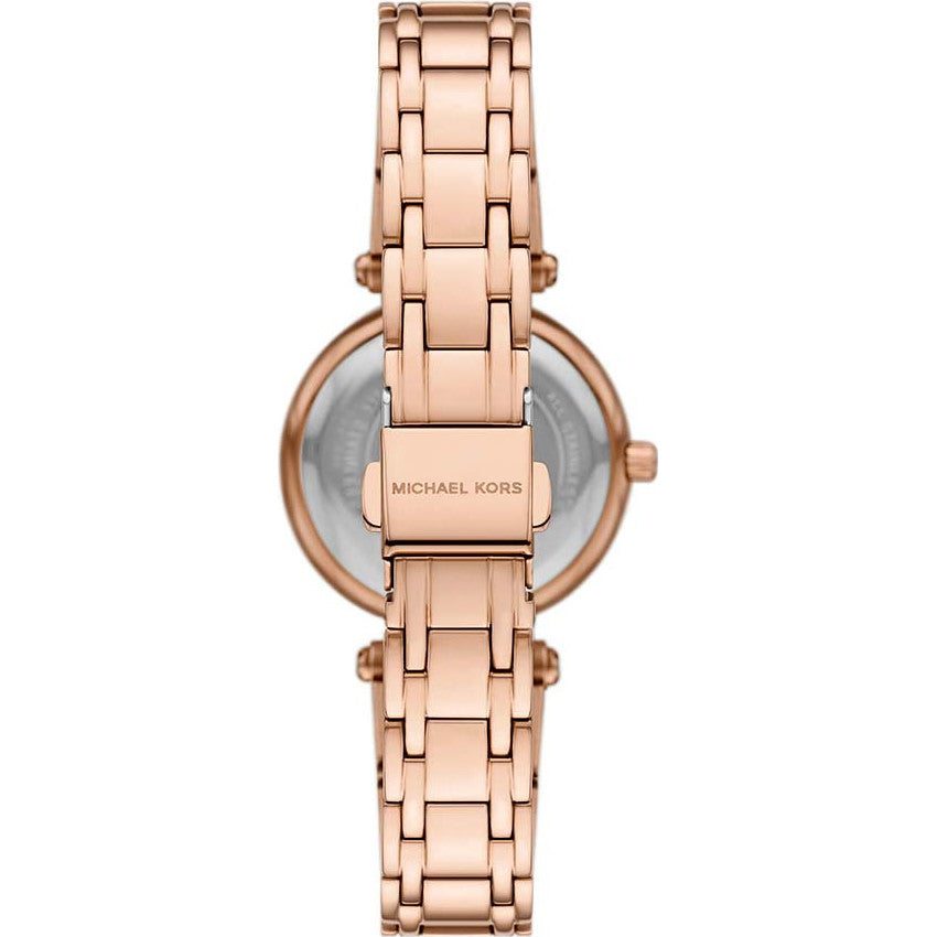 Caseback of Michael Kors Lennox MK4893 showing technical specs mother of pearl dial and rose gold metal bracelet