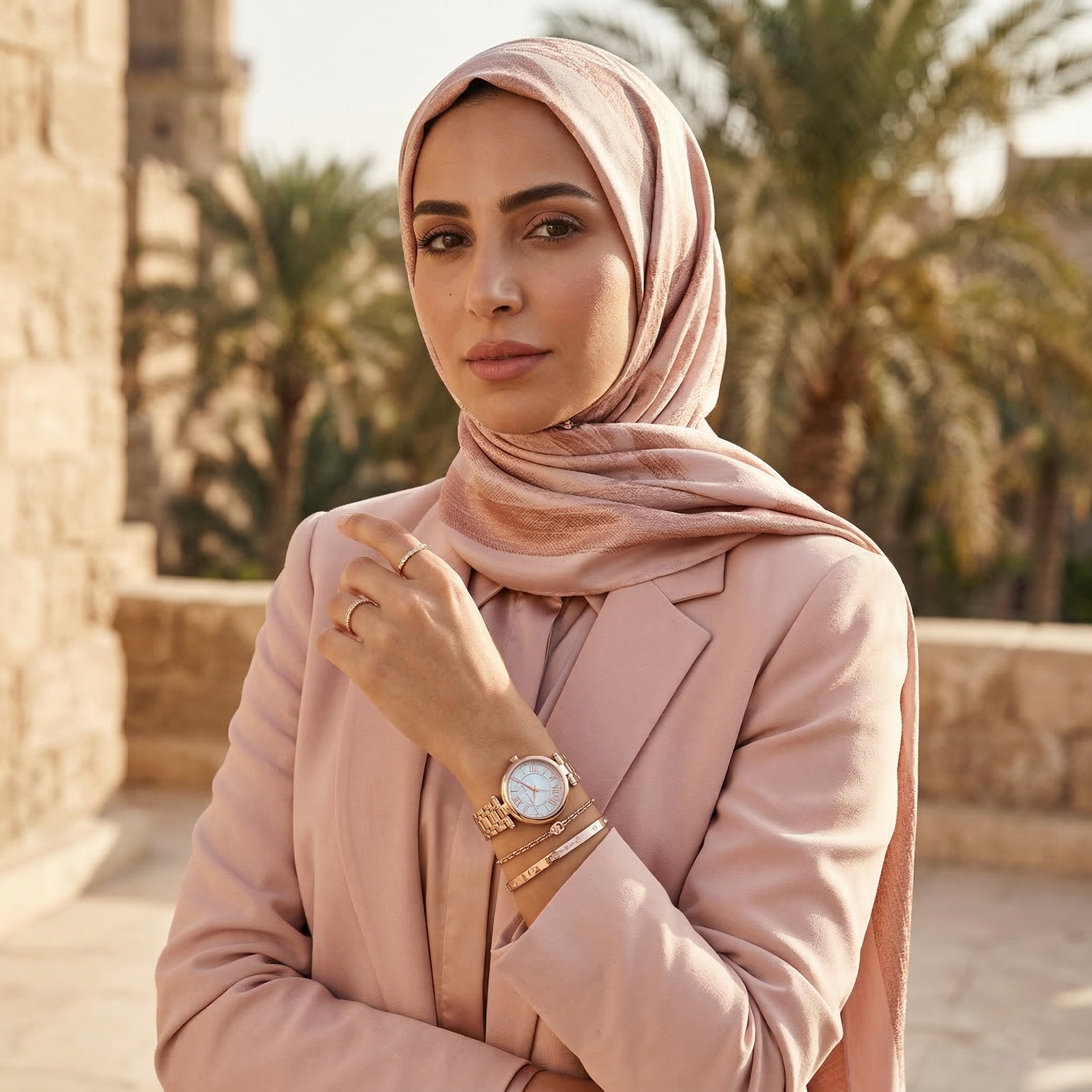 Elegant woman wearing Michael Kors Lennox MK4893 with rose gold-tone case and mother of pearl dial jewelry style watch