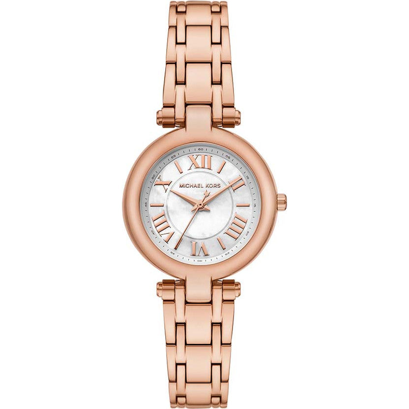 Michael Kors Lennox MK4893 women's watch with white mother of pearl dial, rose gold-tone Roman numerals, rose gold stainless steel bracelet main view