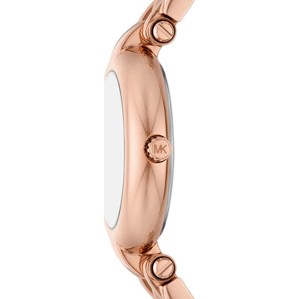 Side profile of Michael Kors Lennox MK4893 showing 8mm slim thickness and rose gold finish with 50m water resistance