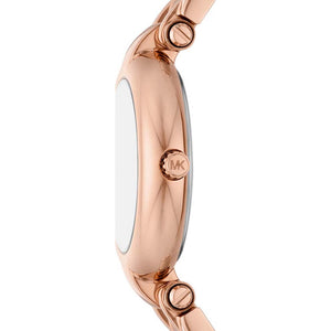 Side profile of Michael Kors Lennox MK4893 showing 8mm slim thickness and rose gold finish with 50m water resistance