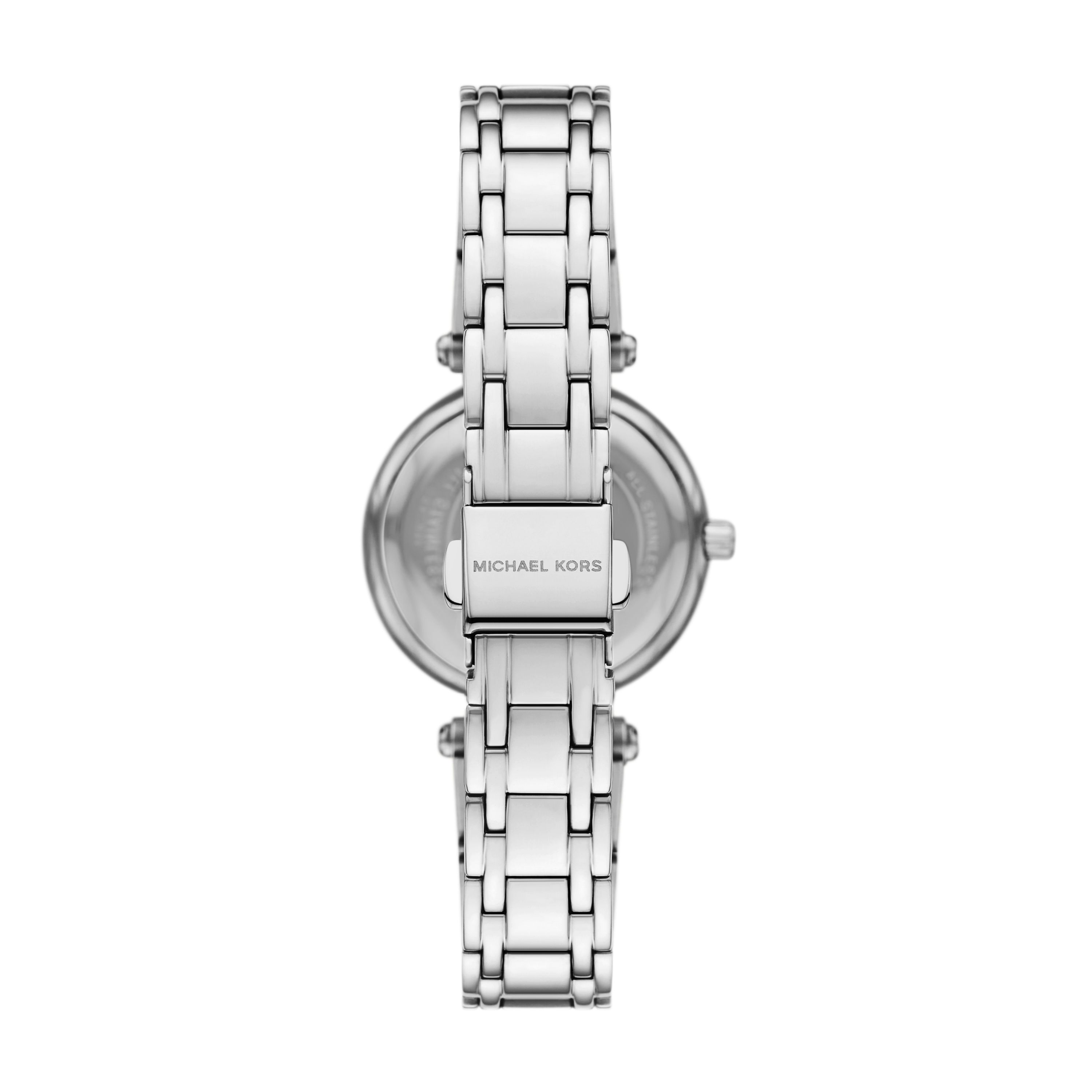 Caseback of Michael Kors Lennox MK4894 women's quartz battery watch showing technical specs grey mother of pearl dial and silver metal bracelet