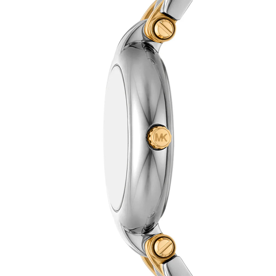 Detailed view of gold-tone crown on Michael Kors Lennox MK4895 with white mother of pearl dial and metal bracelet