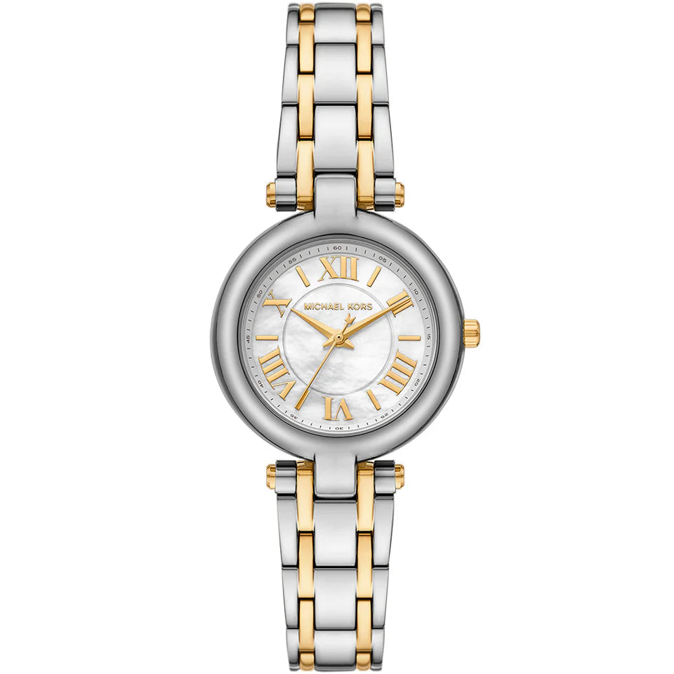 Michael Kors Lennox MK4895 women's watch with white mother of pearl dial, gold-tone Roman numerals, two-tone silver and gold stainless steel bracelet main view