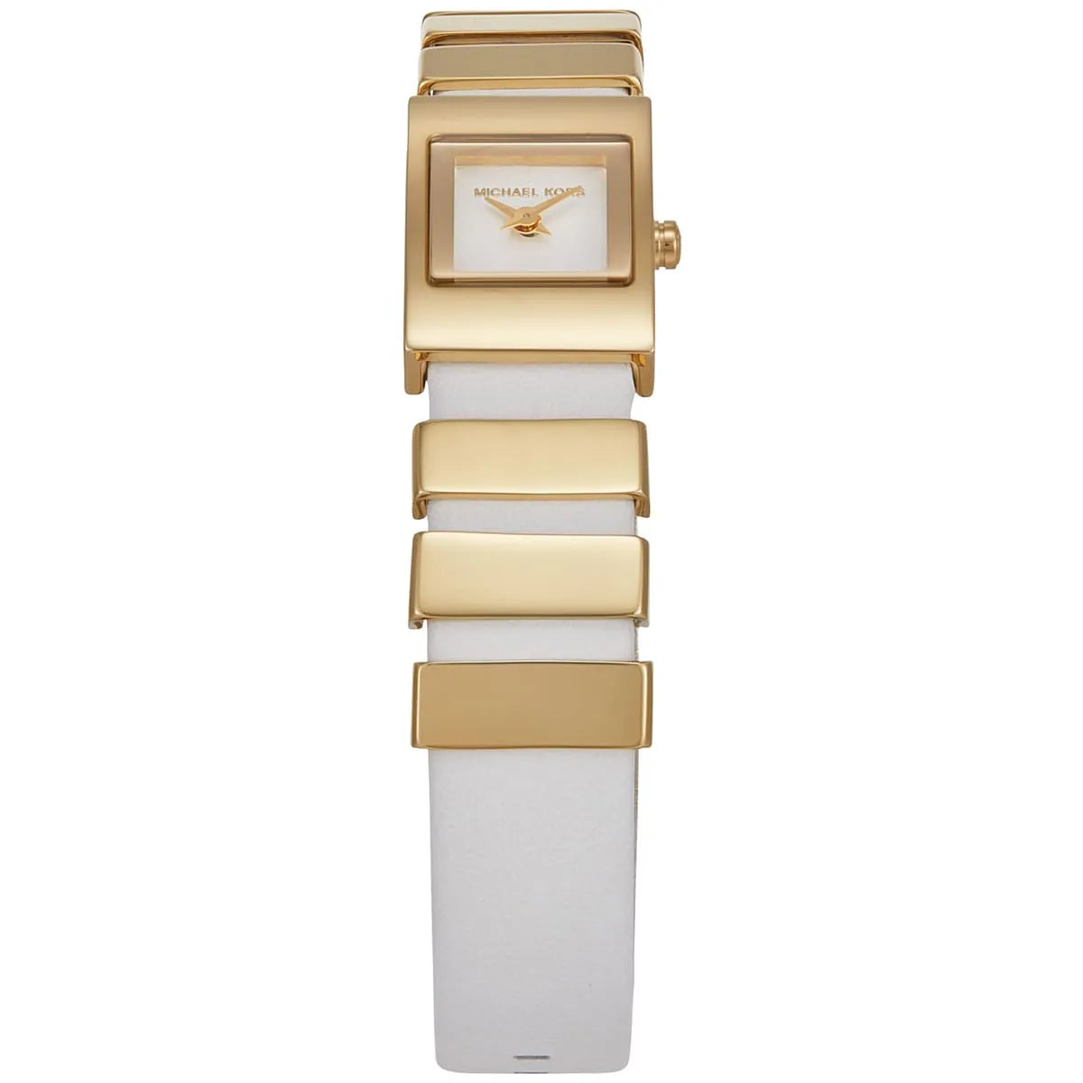 Right side profile view of the slim gold-tone square case on the Michael Kors Darrington watch