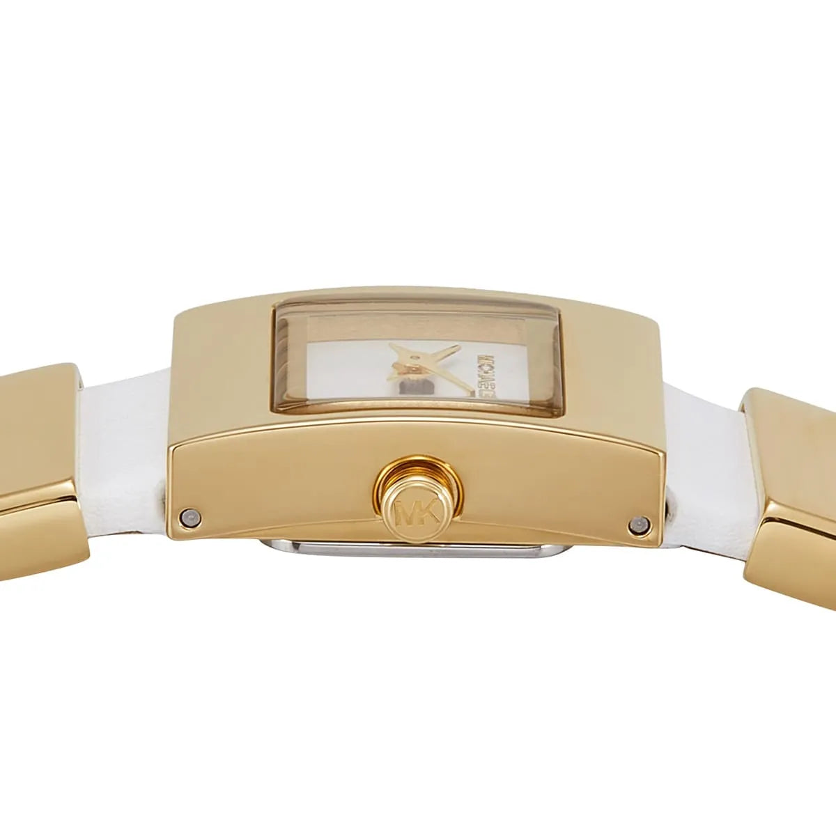 Left side perspective showing the polished gold finish and white leather strap of the MK4899