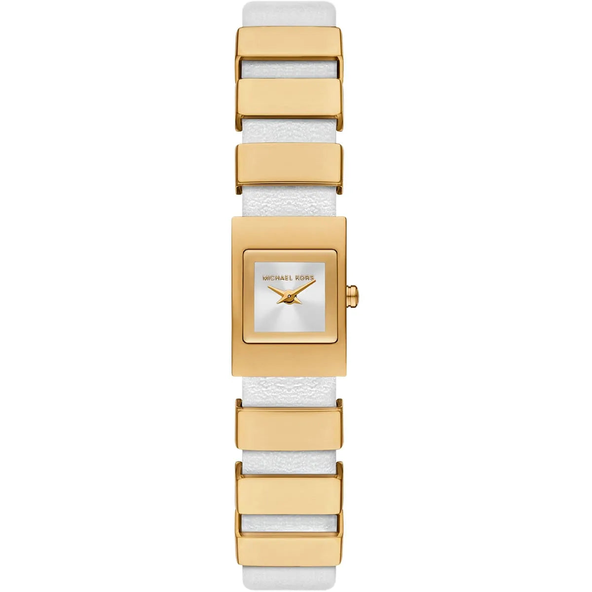Michael Kors Darrington MK4899 women watch with gold square case and white leather link strap