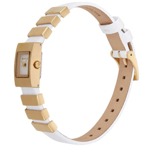 Detailed angled view focusing on the oversized gold-tone links over the white leather strap