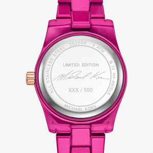 Back view photo of Michael Kors MK4915LE showing the stainless steel caseback info