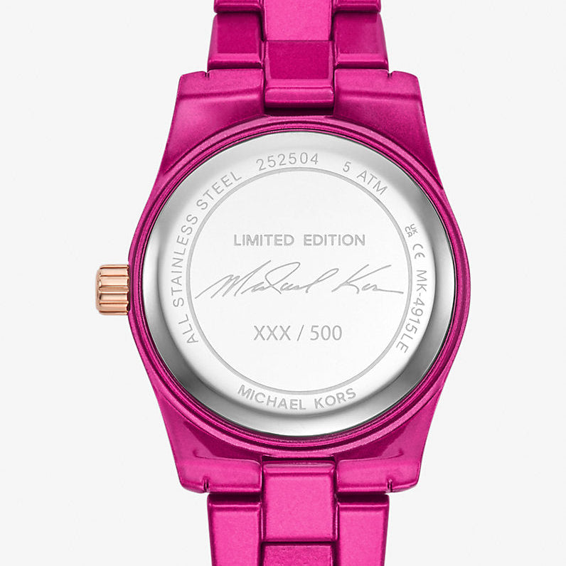 Back view photo of Michael Kors MK4915LE showing the stainless steel caseback info