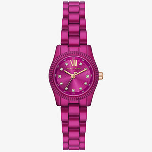 Authentic real-life photo of Michael Kors MK4915LE showing actual vibrant fuchsia finish and crystal indices