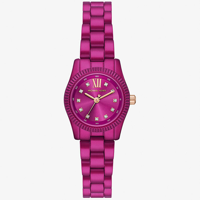 Authentic real-life photo of Michael Kors MK4915LE showing actual vibrant fuchsia finish and crystal indices