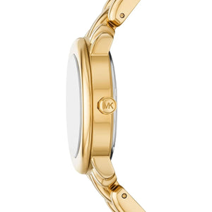 Right side profile view of the 10mm gold-tone case showing the MK crown on the Michael Kors MK4923