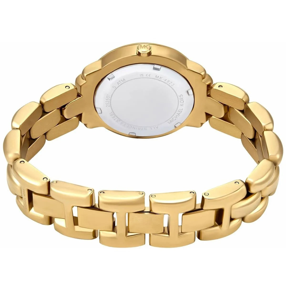 Left side perspective showing the polished gold finish of the unique scalloped case