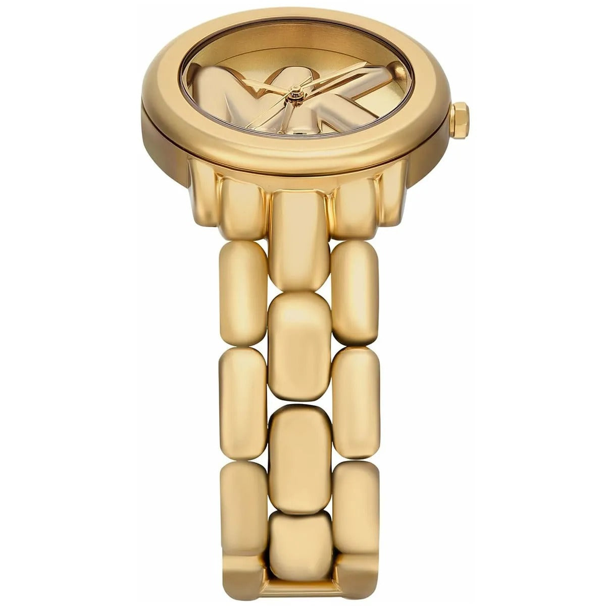 Angled front view of MK4923 highlighting the bold 3D dial design and sleek metal strap