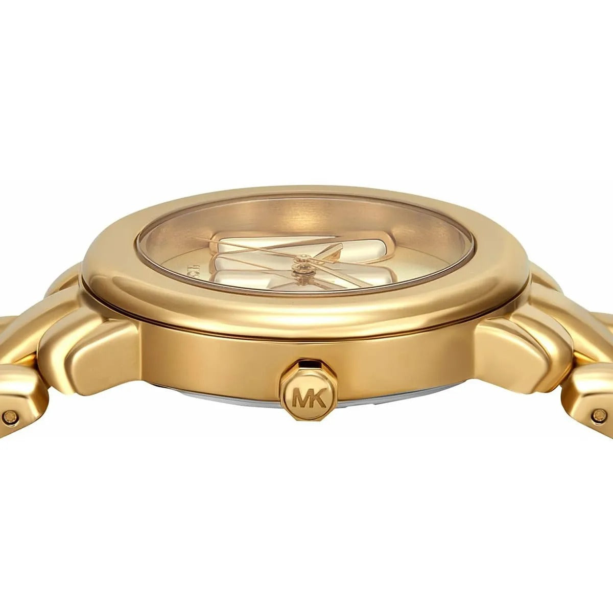 Detailed angled view focusing on the polished gold-tone puffy chain-link bracelet