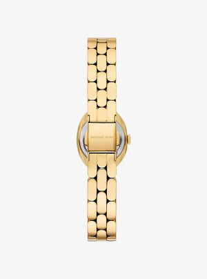 Stainless steel case back view of the Michael Kors MK4955 showing model details and water resistance