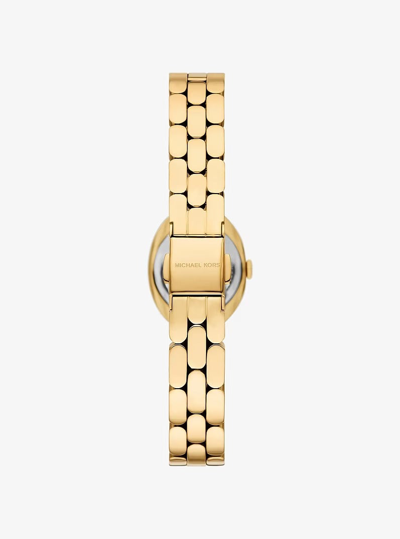 Stainless steel case back view of the Michael Kors MK4955 showing model details and water resistance