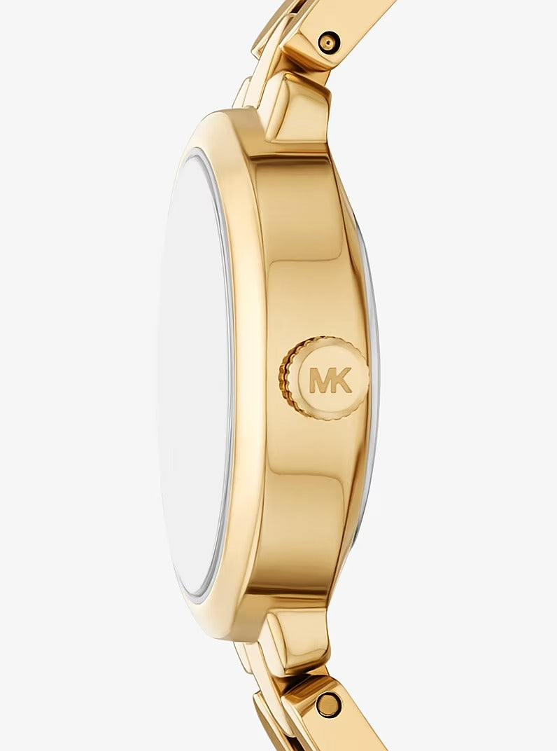 Right side profile view of the slim gold-tone case showing the MK crown on the Michael Kors MK4955
