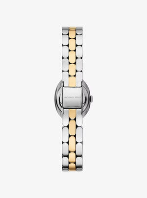 Stainless steel case back view of the Michael Kors MK4956 showing model details and water resistance