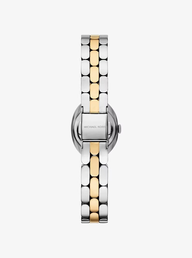 Stainless steel case back view of the Michael Kors MK4956 showing model details and water resistance