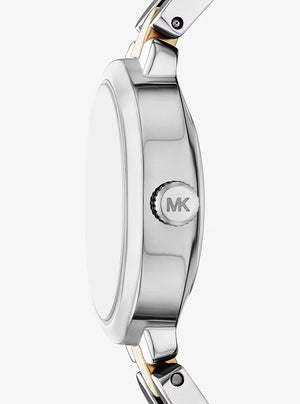 Right side profile view of the slim two-tone case showing the MK crown on the Michael Kors MK4956