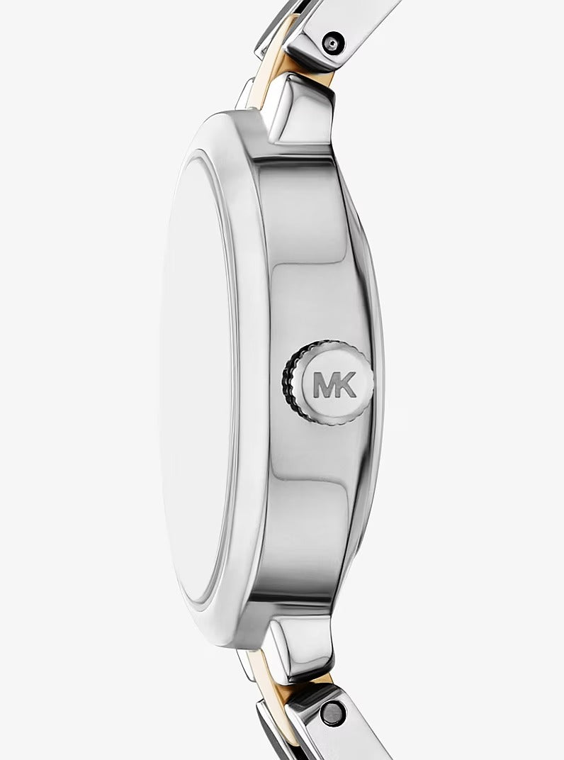 Right side profile view of the slim two-tone case showing the MK crown on the Michael Kors MK4956