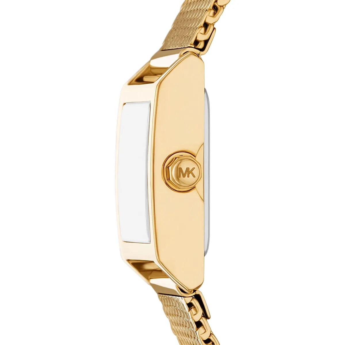 Side view photo of Michael Kors MK4959 showing rectangular case thickness and gold crown detail