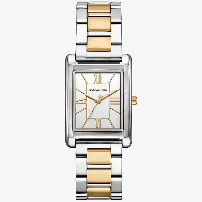 Michael Kors Emery MK4967 women watch with silver rectangular case and two-tone link bracelet
