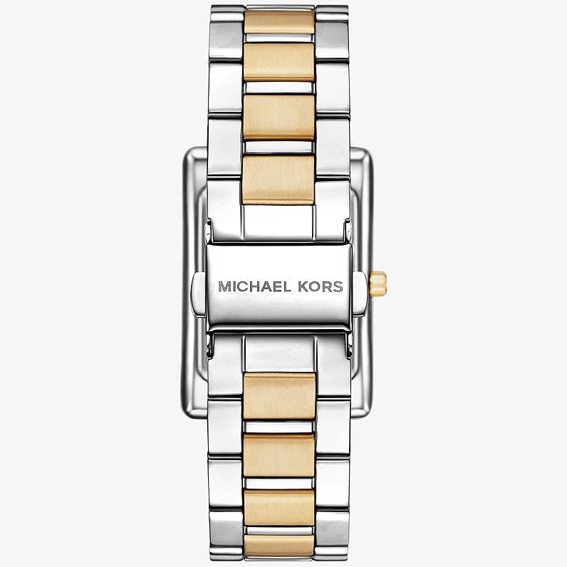 Inside view of the secure folding clasp on the Michael Kors Emery women's watch