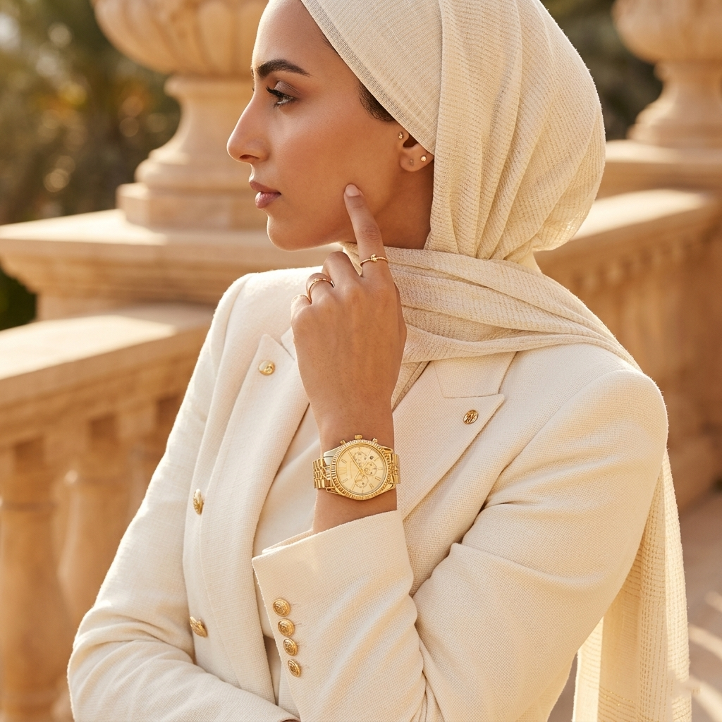 Elegant woman wearing Michael Kors Lexington MK5556 women's quartz battery watch with gold-tone case and luxury coin-edge bezel