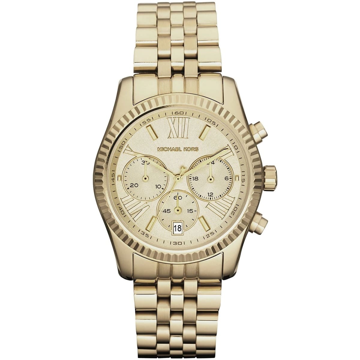 Michael Kors Lexington MK5556 women's quartz battery watch with gold dial, gold-tone fluted bezel, gold stainless steel bracelet main view