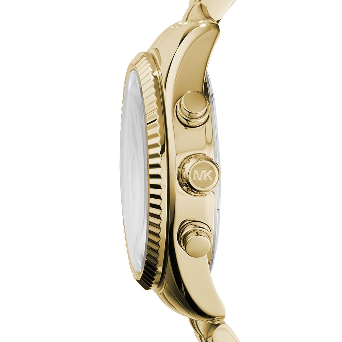 Side profile of Michael Kors Lexington MK5556 women's quartz battery watch showing 11mm thickness and gold finish