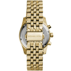 Caseback of Michael Kors Lexington MK5556 women's quartz battery watch showing technical specs gold dial and metal bracelet