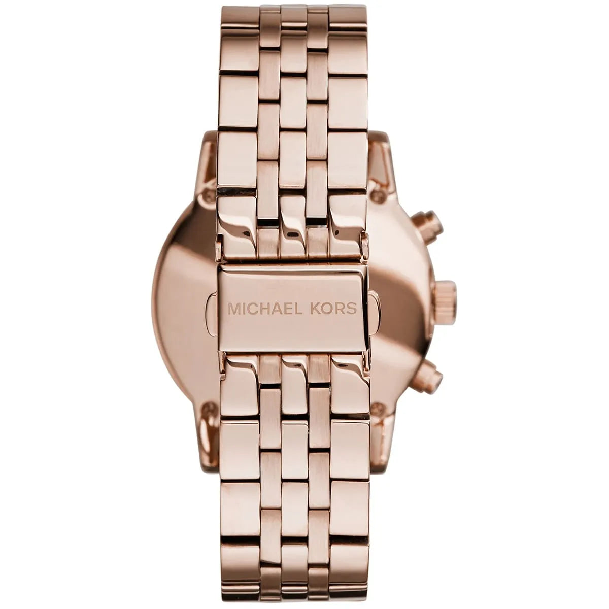Caseback of Michael Kors Ritz MK6077 showing technical specs rose gold dial and rose gold metal bracelet
