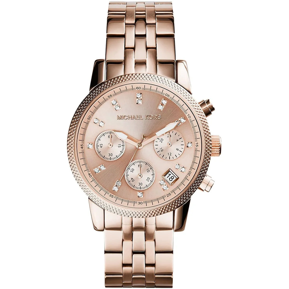 Michael Kors Ritz MK6077 women's watch with rose gold sunray dial, crystal index markers, and rose gold stainless steel bracelet main view