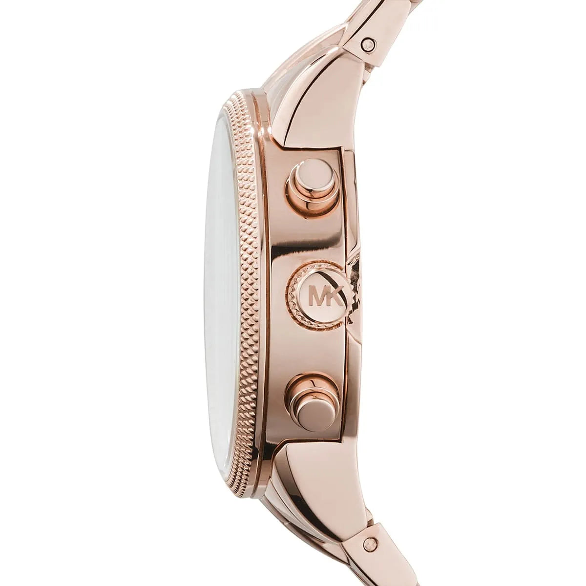 Detailed view of rose gold-tone crown and pushers on Michael Kors Ritz MK6077 with rose gold dial and metal bracelet