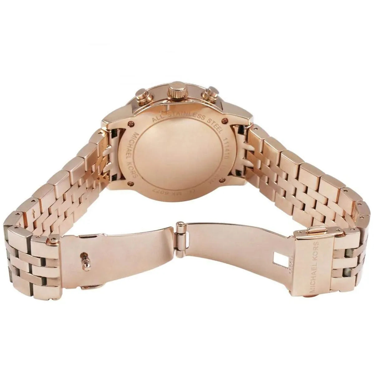 Rose gold-tone deployment clasp on Michael Kors Ritz MK6077 metal bracelet watch water resistant 50m