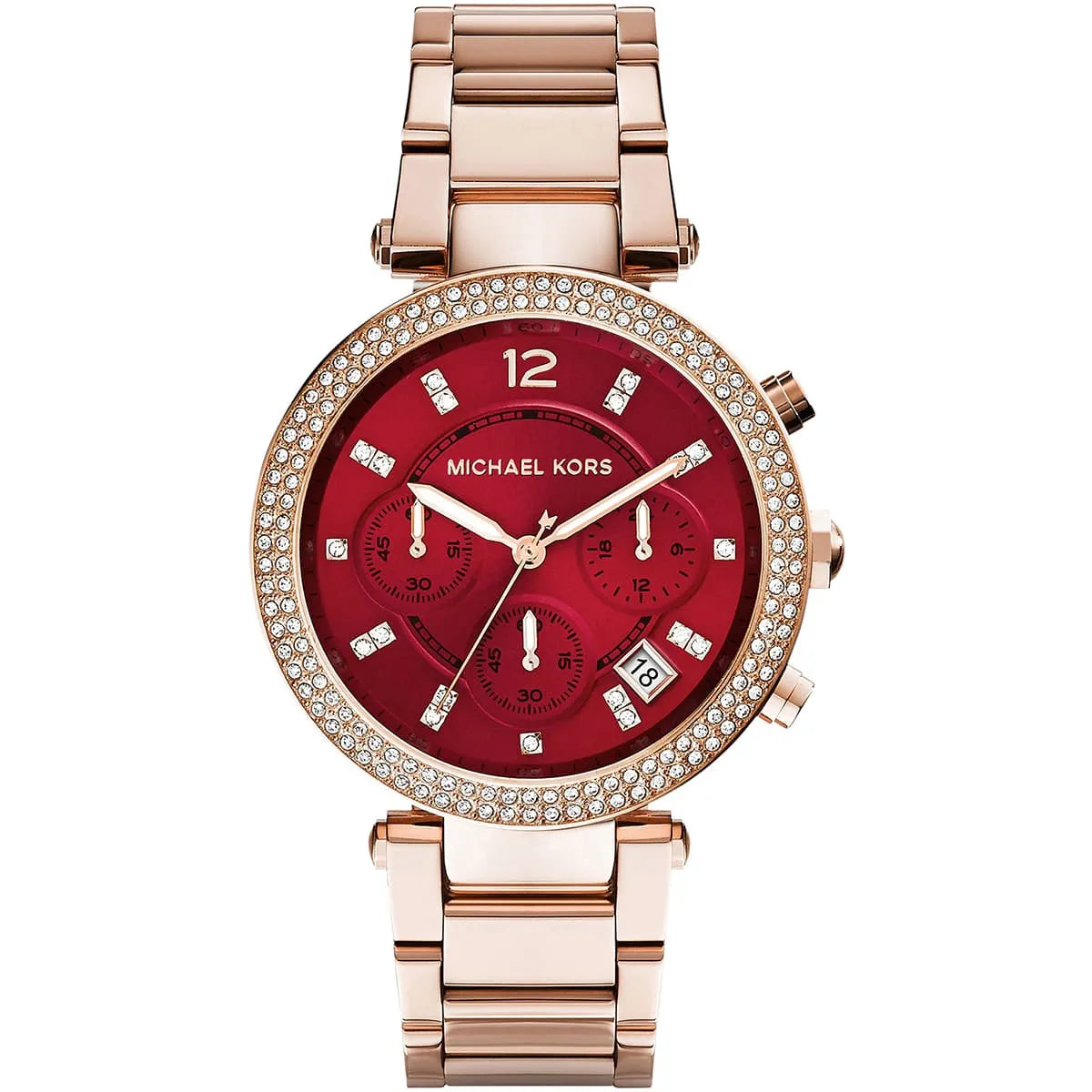 Michael Kors Parker MK6106 women's chronograph watch - red dial rose gold steel strap
