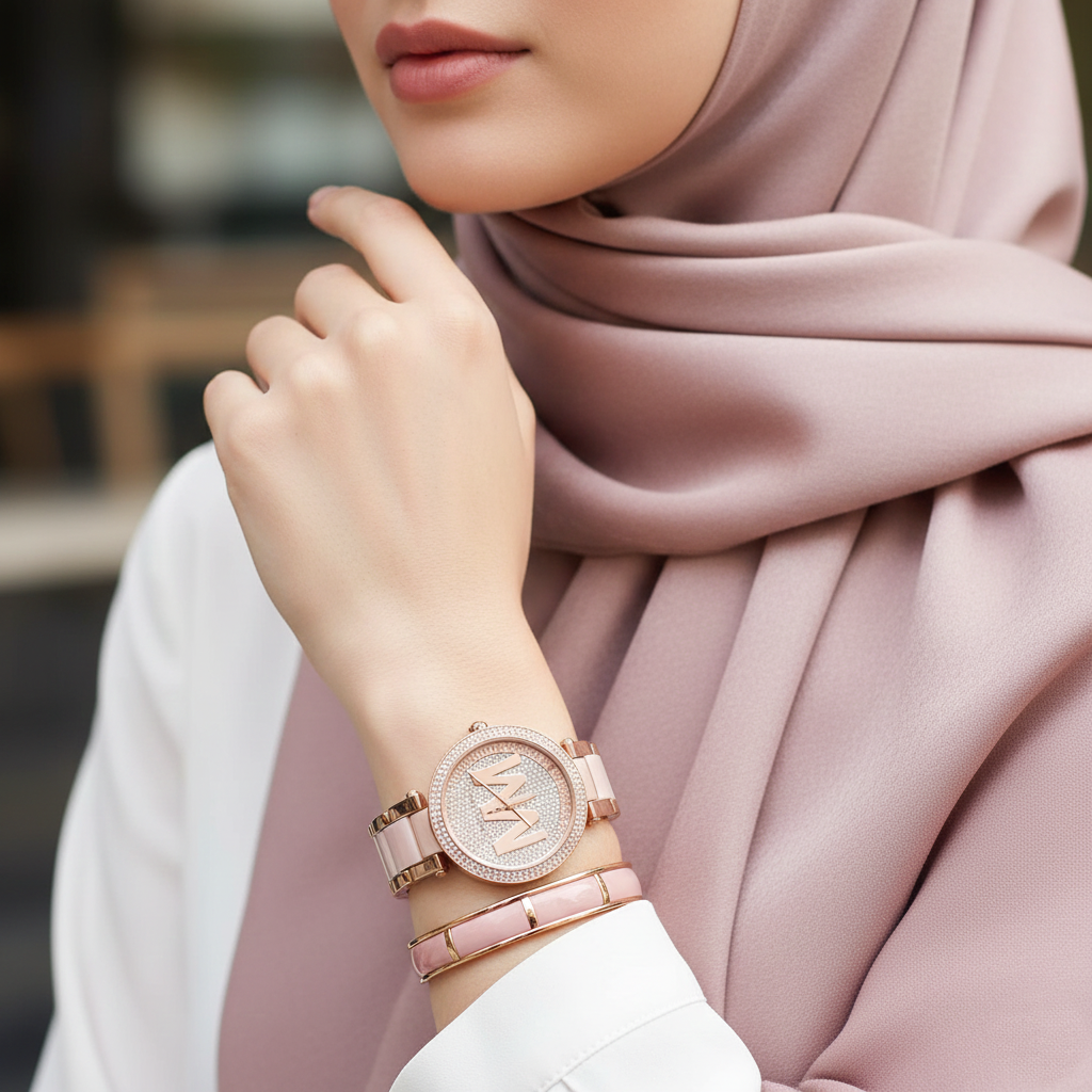 ساعة مايكل كورس MK6176 باركر بينك فخمة على معصم محجبة بتصميم أنثوي